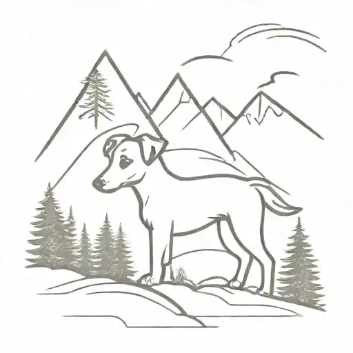 mountains and forest with jack russell terrier playing tattoo design idea