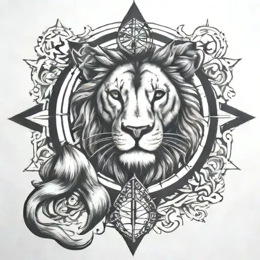lion and compass  tattoo design idea