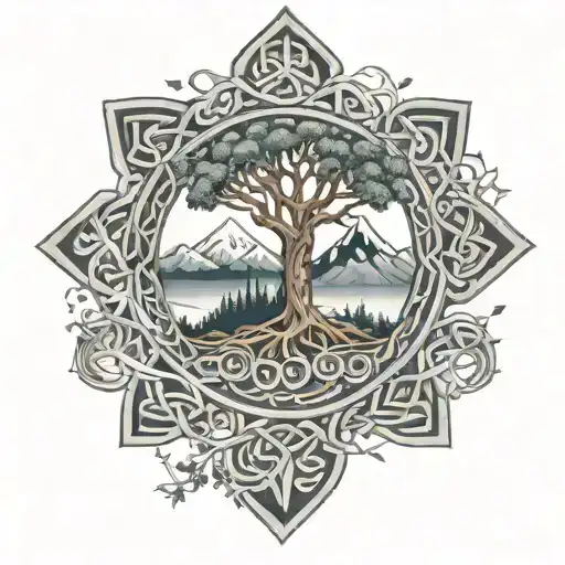 An intricate Celtic knotwork design featuring elements of nature such as trees and mountains, with a softball hidden within the pattern tattoo design idea