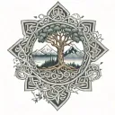 An intricate Celtic knotwork design featuring elements of nature such as trees and mountains, with a softball hidden within the pattern tattoo design idea