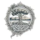 An intricate Celtic knotwork design featuring elements of nature such as trees and mountains, with a softball hidden within the pattern tattoo design idea