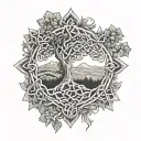 An intricate Celtic knotwork design featuring elements of nature such as trees and mountains, with a softball hidden within the pattern tattoo design idea