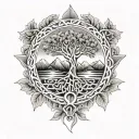 An intricate Celtic knotwork design featuring elements of nature such as trees and mountains, with a softball hidden within the pattern tattoo design idea