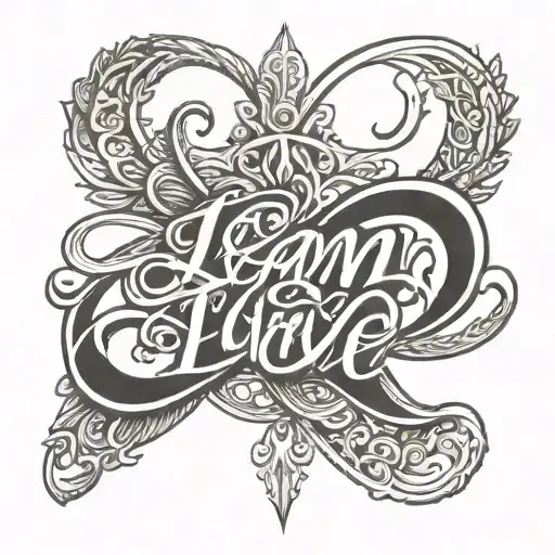 Infinity symbol with the text I am I love I live in cursive letters  tattoo design idea