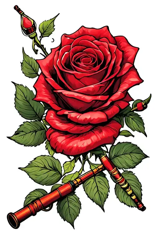 fishing pole with a red rose wrapped around it tattoo design idea