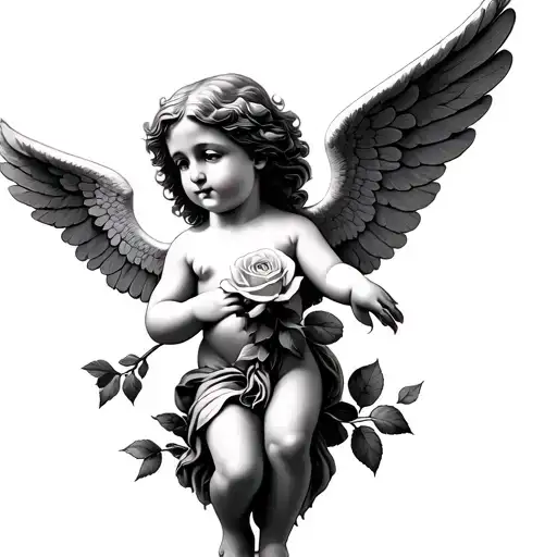 Cherub Angel holding rose tattoo design idea