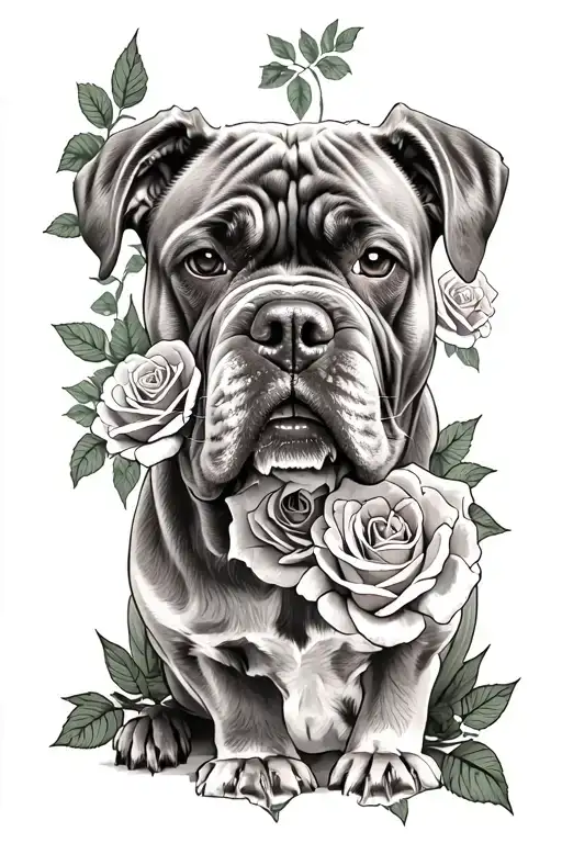Angry cane corso dog with roses  tattoo design idea
