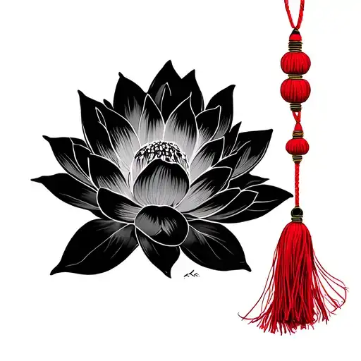 lotus flower (black) intertwined with japanese tassel (red) make the tassel string longer and more flowy, more flowers  tattoo design idea