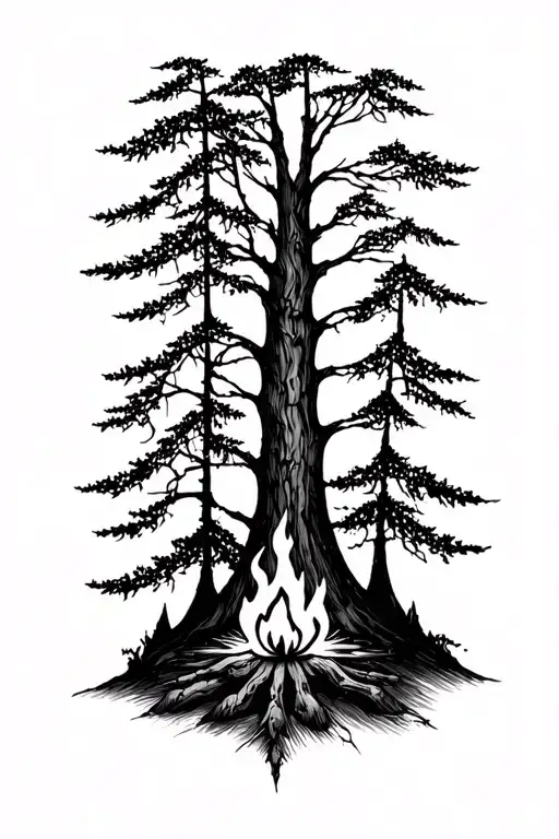 mountain vines trees camp fire tattoo design idea