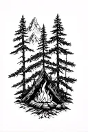mountain vines trees camp fire tattoo design idea