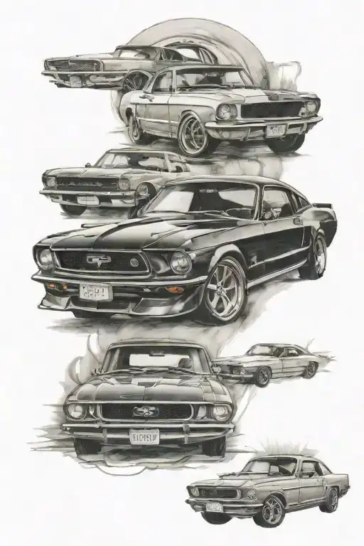 4 horizontal panels showing one headlight of a mustang, a bmw, a dodge & a mercedes tattoo design idea