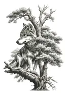 wolf under a oak tree tattoo design idea
