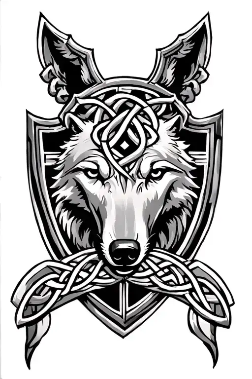 Celtic cross with wolf in center and shield knot on face tattoo design idea