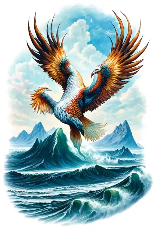 ocean and mountains rising Phoenix tattoo design idea