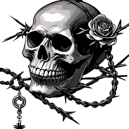 Skull barbed wire rosary tattoo design idea