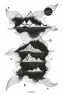 An abstract horizon where waves mix with polygonal mountain lines, with the quote “Not all who wander tattoo design idea