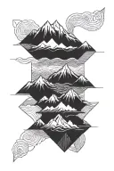 An abstract horizon where waves mix with polygonal mountain lines, with the quote “Not all who wander tattoo design idea