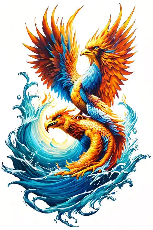 water and fire Phoenix and triton poseidon son tattoo design idea