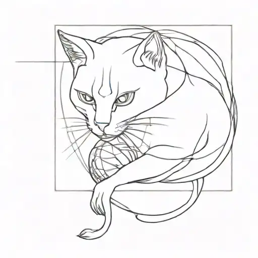 one line drow cat playing with ball of wool playing tattoo design idea