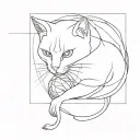 one line drow cat playing with ball of wool playing tattoo design idea