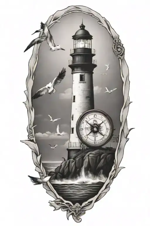 lighthouse, compass, heart, calm ocean, beach, seagull tattoo design idea