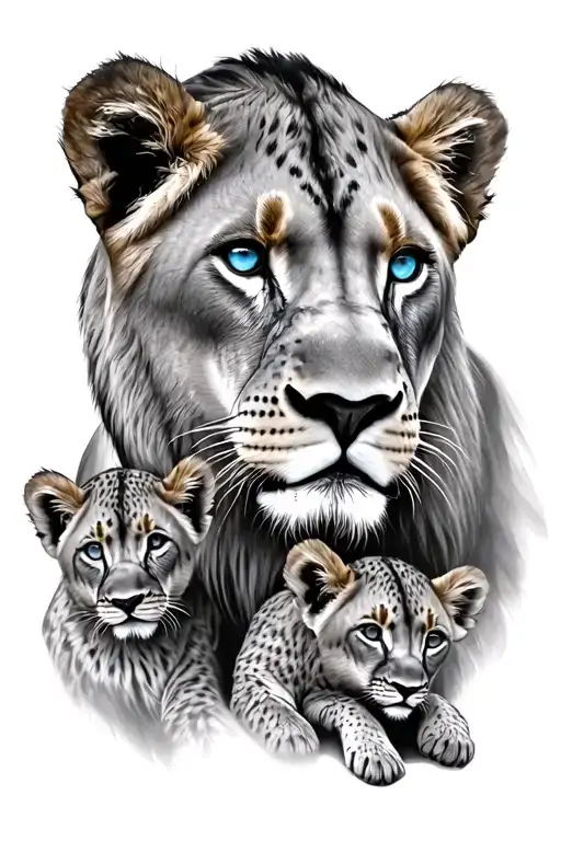 Lioness with 2 cubs face only blue eyes tattoo design idea
