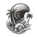 sea shell, palm tree, waves tattoo design idea