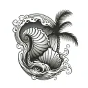 sea shell, palm tree, waves tattoo design idea