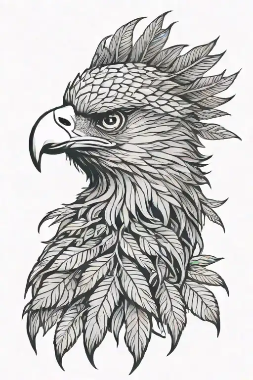 Eagle head, profile. Cannabis-leaf shaped feathers encircle head, radiating outwards. Detailed. tattoo design idea