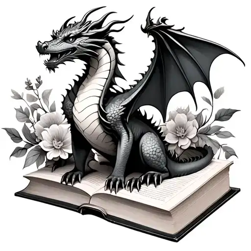 Dragon sitting on A Book Surrounded By Bold Floral tattoo design idea