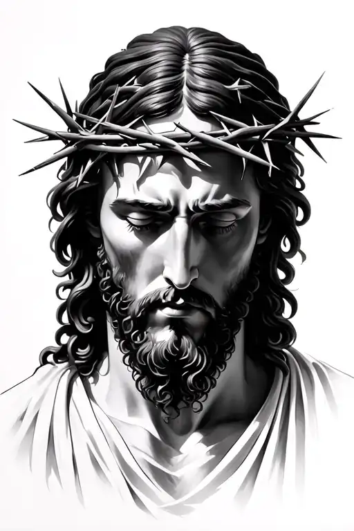 Very Realistic portrait of Jesus Christ looking down with crown of thorns tattoo design idea