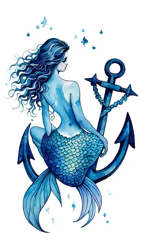 mermaid sitting on an anchor tattoo.  seeing only her back. the mermaid is looking out to see. tail and hair in the wind tattoo design idea