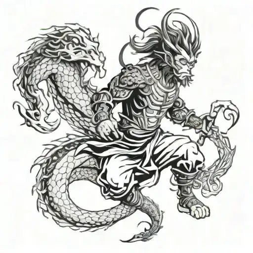 sun wukong and dragon wrapped tattoo design idea