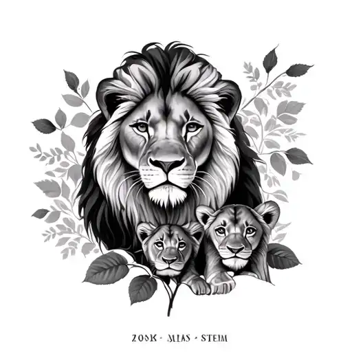 female lion with two cubs.  rose with names for stem tattoo design idea