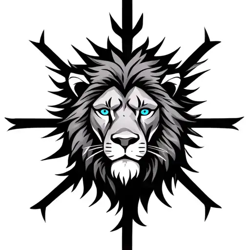 Design a drawing logo using a cross with a lion’s head with blue eyes in the middle of the cross tattoo design idea