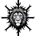 Design a drawing logo using a cross with a lion’s head with blue eyes in the middle of the cross tattoo design idea