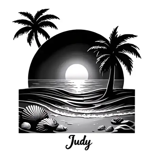 simple beach with waves sand and palm tree and shells with sunset and the name judy near the bottom not in the a cicrle tattoo design idea