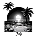 simple beach with waves sand and palm tree and shells with sunset and the name judy near the bottom not in the a cicrle tattoo design idea
