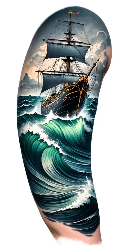 2 section tatto top half black and grey realism of ship in a storm lower  section poseidon beneath the waves in color tattoo design idea