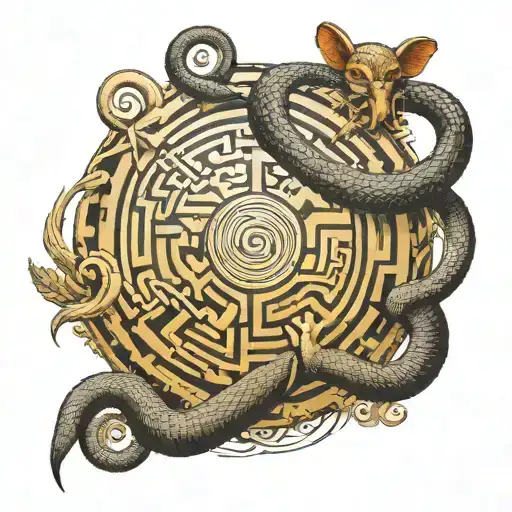 A surreal tattoo depicting a labyrinth with hidden esoteric symbols and philosophical concepts. Incorporate a snake  tattoo design idea
