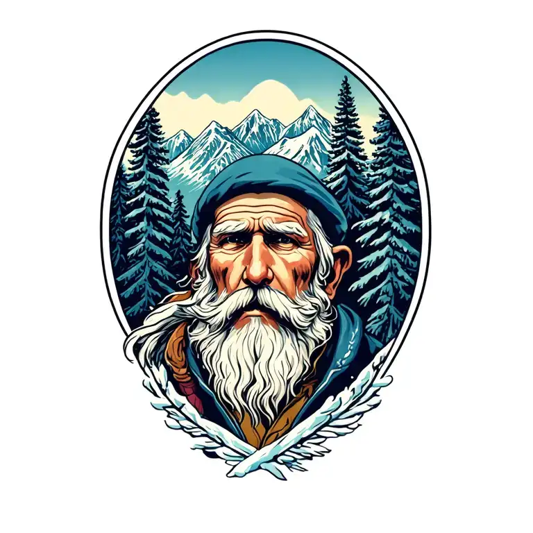 old man winter mountains tattoo design idea