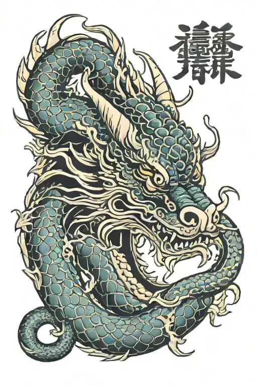 asian snake dragon and oni mask tattoo design idea