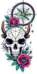 American Southwest, Sunset, Cactus, Desert Roses, Compass, Dreamcatcher, Snake, Longhorn tattooed skull, Prickly Pear tattoo design idea