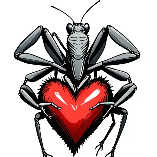 praying mantis holding a heart made tattoo design idea