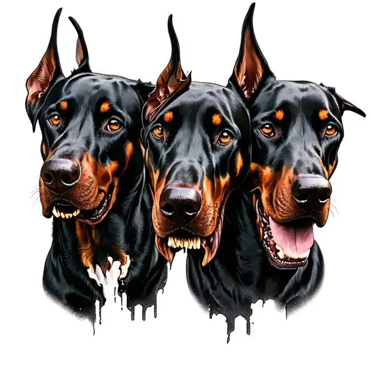 Doberman Cerberus 3 heads  realism tattoo, the left head has his jaw ripped off but it is dangling, the middle  head is  tattoo design idea