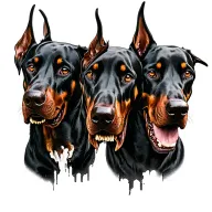 Doberman Cerberus 3 heads  realism tattoo, the left head has his jaw ripped off but it is dangling, the middle  head is  tattoo design idea
