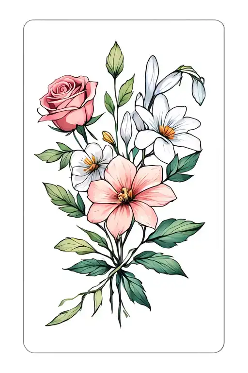 6 flowers and greens. the flowers are rose, alstromeria, snowdrop, gardenia, jonquil, and forget me not. tied with bow tattoo design idea