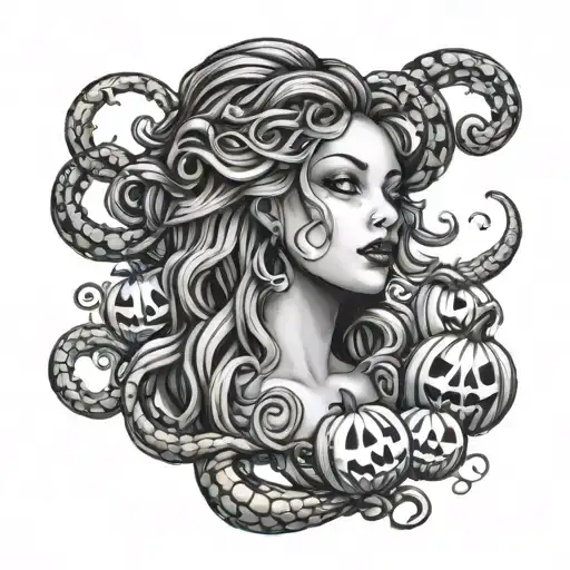 MEDUSA WITH WICKED PUMPKINS FOR HER HAIR tattoo design idea