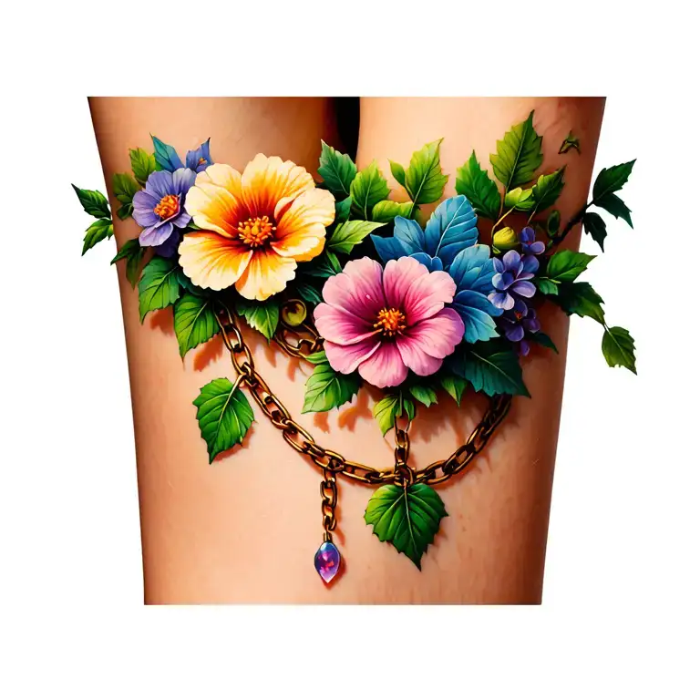 anklet with flowers such as conium macutatum, ivy geranium, hour flower, arbo, the chain made of weeping willow branch tattoo design idea