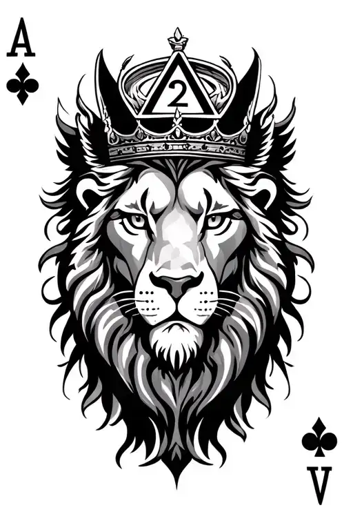 crowned lion face with a triagle symbols and the zodiac lion symbols and all of this inside a playing card tatoo tattoo design idea